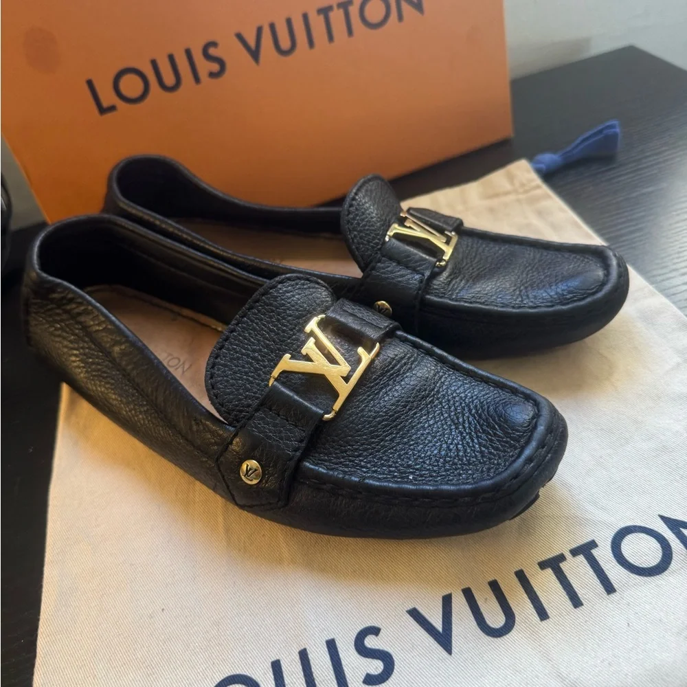 Louis Vuitton Black Loafers with Gold Logo - Picture 1 of 6